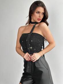 Firerie 女士迷人亮片露肩派对上衣，搭配高领 - 黑色 - 查看 7