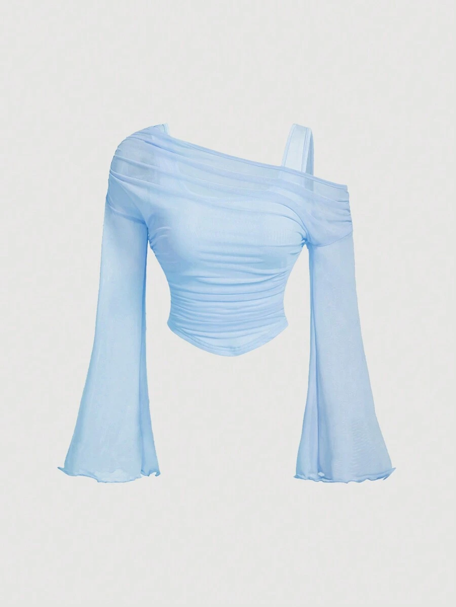 SHEIN MOD Apricot Off-Shoulder Mesh 2in1 Trumpet Sleeve Long Sleeve Women's Top,Western,Vintage,70s,The Bachelorette - Blue - View 1