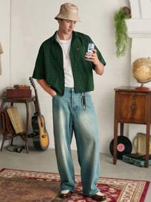 SWAVVY Men's Plaid Loose Short Sleeve Shirt,Boxy Fit,Y2K, Fall - Dark Green - View 6