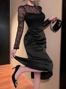 DAZY Women Casual Lace Patchwork Round Neck Long Sleeve Bodycon Black Elegant Dress Prom Dress
