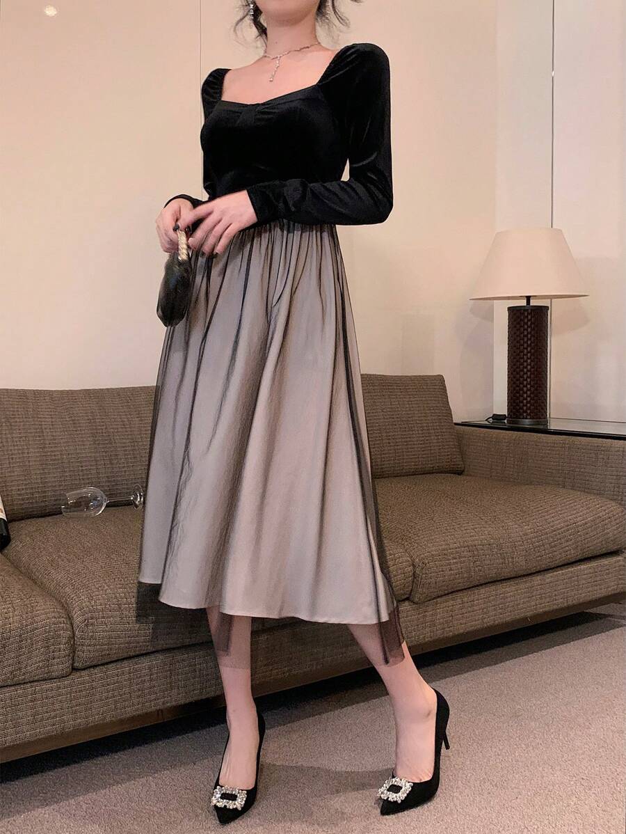 DAZY Lace Patchwork Sweet Heart Collar Long Sleeve Elegant Mid-Length Dress For Women,Fall Dress - Black - View 1