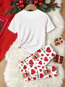 SHEIN Leap Crew 2 件装 Tween 女孩卡通熊心印花短袖 T 恤和裤子家居服套装，贴身休闲 - 彩色 - 查看 2