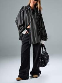 Aveloria Affinna Vintage Casual Versatile Random Contrast Striped Cuff & Color Block Design Loose Blouse, Women Spring Valentine's Day Fall Cloth For Women