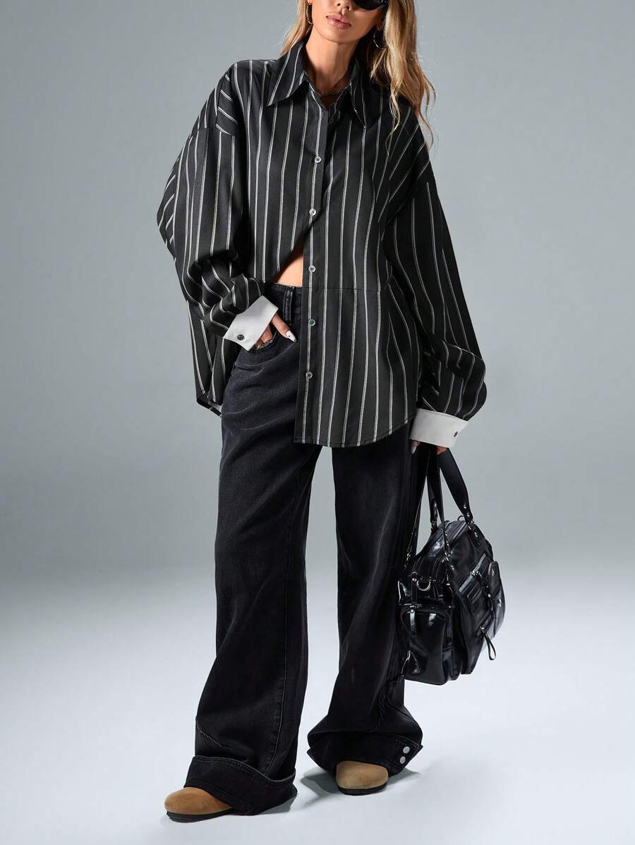 Aveloria Affinna Vintage Casual Versatile Random Contrast Striped Cuff & Color Block Design Loose Blouse, Women Spring Valentine's Day Fall Cloth For Women