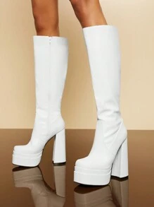 SHUZIA Women's Fashion Double Stacked Platform Knee High Round Toe Boots Summer Shoes Spring Shoes Spring Break Easter For Christmas - White - View 3