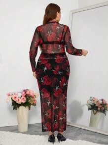 SHEIN Clasi 2 stuks elegante rozenprint plus size set: 1 net mesh top & 1 onderkant Valentijnsoutfit