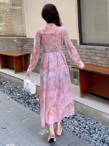 DAZY Vestido midi con mangas abullonadas y estampado floral con cinturón para la cintura para mujeres, elegante vestido de otoño