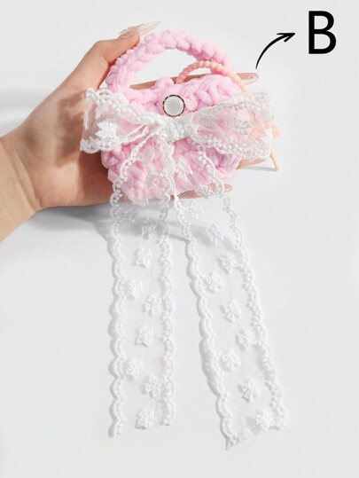 Kawaii 1 pieza Funda de auriculares de estilo coreano hecha a mano, delicada y dulce, en color negro/rosa, con lazo bordado de encaje blanco, accesorio de llavero con colgante de estrella, adecuado para uso diario de niñas/mujeres, regalo
