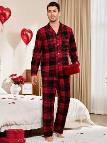 CoupledUp Men's 1set Valentine's Day Plaid Casual Turn-Down Collar Top & Pants Pajama Set  Cozy And Elegant Details, Fall Winter Clothes