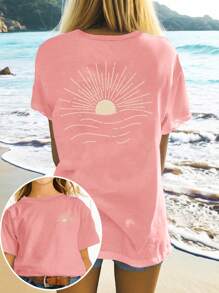 Teen Girl T-Shirt With Lines And Sun Graphic Design, Fashionable, Comfortable, And Versatile Short Sleeve Top For All Seasons - Pink - View 1