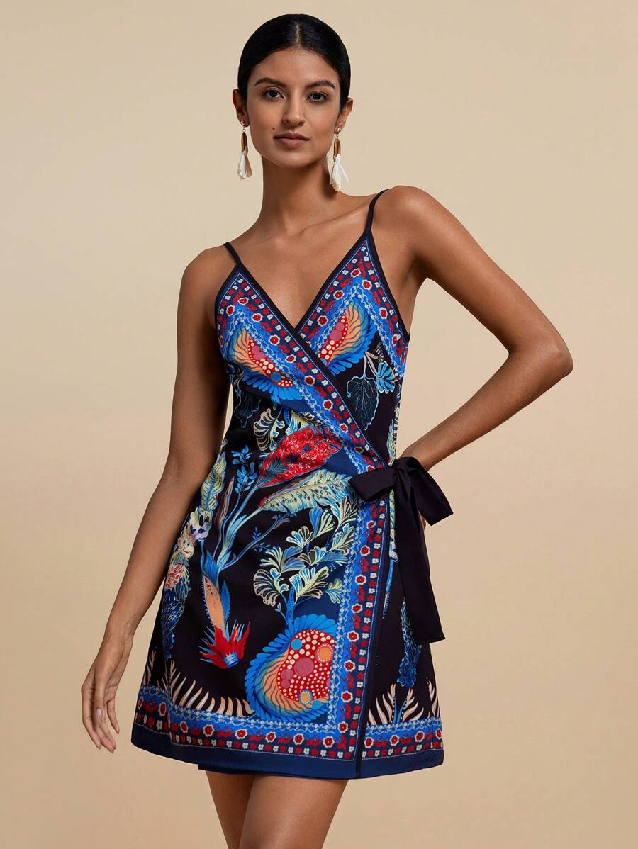 Travachic Women's Vacation Plant Print Side Waist Tie Up Casual Camisole Dress - Multicolor - View 1