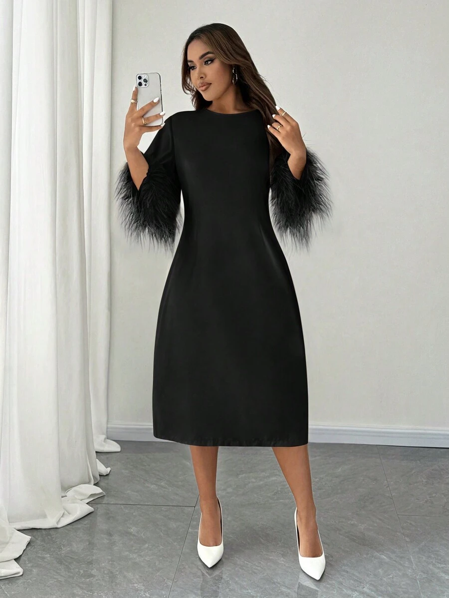 Vionelle Đầm dài tay họa tiết lông thẳng tay loe thanh lịch cỡ lớn cho nữ - màu đen - Xem 1