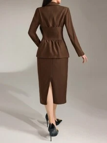 Heiryn Bộ 2 món áo blazer dài tay đơn giản màu trơn và chân váy thời trang giản dị cho nữ - Rỉ Nâu - Xem 2