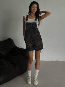 DAZY 女士牛仔豹纹背带短裤，简约时尚休闲连体裤，适合日常穿着 - 咖啡棕 - 查看 5