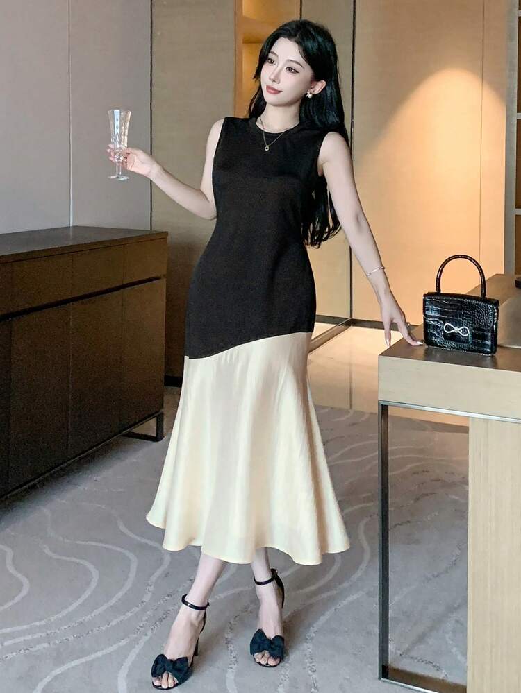 Sleeveless Color Block Ruffle Hem Mid-Length Dress For Women Prom Dress Sundress,Dress For Wedding Elegant Women Dresses Cocktail Dress