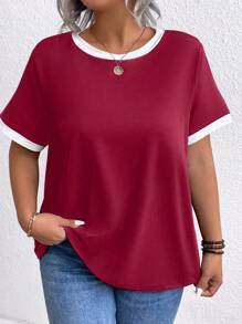 Plus Size Solid Color Patchwork Round Neck Short Sleeve Casual Top, Everyday Wear For Summer - Multicolor - View 3