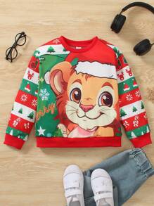 SHEIN Young Boy Round Neck Long Sleeve Animal Print Casual Top, Everyday Wear - Multicolor - View 1