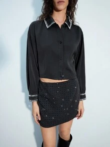 Maija Blusa corta de mujer de otoño de un solo pecho adornada con cristales, vestimenta de moda para el Día de San Valentín y festivales