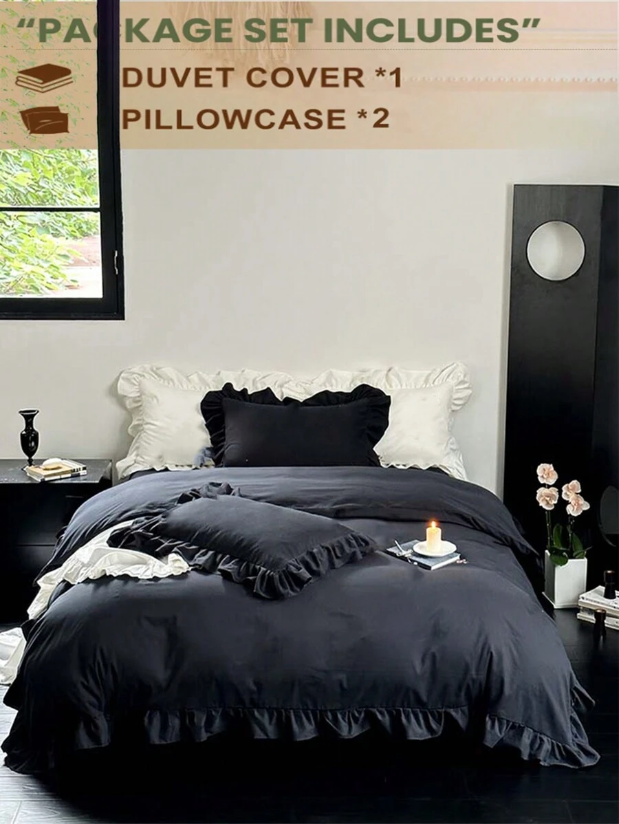 3pcs Black Lace Bedding Set Includes 1 Duvet Cover And 2 Pillowcases, Brushed Fabric, Machine Washable, For Bedroom - Black - View 1
