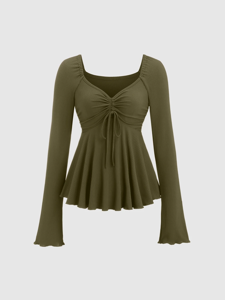 Sweetra Áo thun dài tay rút dây cổ điển Encore màu đỏ ngọt ngào mùa thu dành cho nữ - xanh quân đội - Xem 1