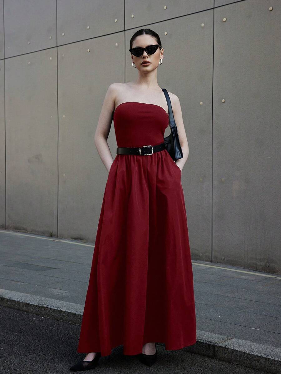 Siren Gaze 女式夏季上紧下宽针织拼接梭织休闲连衣裙带侧袋 - 酒紅色 - 查看 1