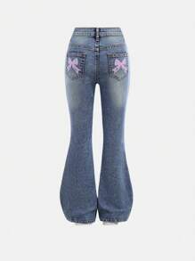 SHEIN Tween Girls Y2K Fashion Solid Washed Denim Flare Leg Jeans Broek Met Strik Versierde Zakken, Meisjes Herfst Winter Kleding Back To School Outfits