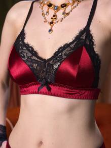 Women's Contrast Lace Bowknot Decor Sexy Lingerie Set - Burgundy - View 3