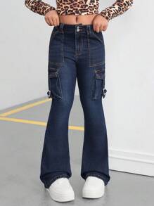 SHEIN Tween Girls Y2K 时尚复古水洗翻盖口袋工装牛仔喇叭牛仔裤，Tween Girls 秋装返校街头服饰