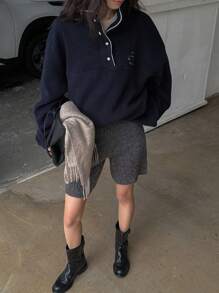 DAZY Women's Colorblock Trim Long Sleeve Graphic Detail Minimalist Blouse - Navy Blue - View 6