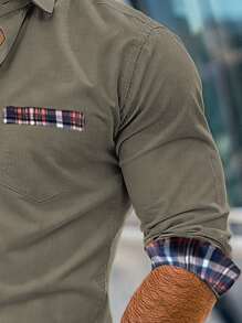 Manfinity Dauomo 男士秋季拼布格子长袖单排扣休闲口袋衬衫 - 綠色 - 查看 2