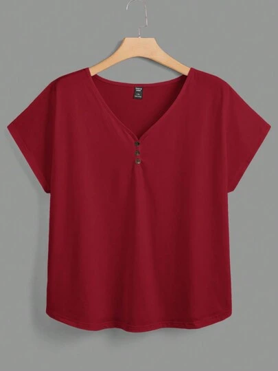 SHEIN LUNE Plus size enkel knapp framtill kortärmad Casual T-shirt, minimalistisk dagligt slitage, röd topp för kvinnor