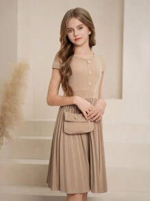 SHEIN Tween 女童无袖褶皱仿珍珠纽扣修身公主裙，优雅大方，适合婚礼、情人节、派对、花童或伴娘穿着