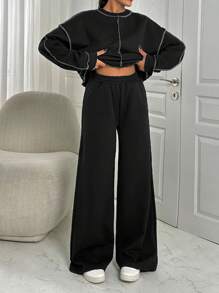 SHEIN Cottnline Plus Size Women Solid Color Round Neck Exposed Seam Detailed 2pieces Set Two Piece Set Comfortable Two Piece Set - Black - View 1