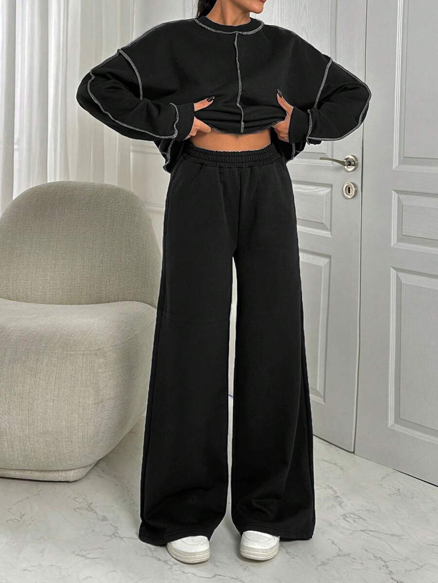SHEIN Cottnline Plus Size Women Solid Color Round Neck Exposed Seam Detailed 2pieces Set Two Piece Set Comfortable Two Piece Set - Black - View 1