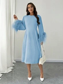 Celure Vestido de manga larga con aplicación de pelo sintético y mangas acampanadas, elegante y recto para mujer de talla grande