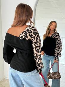 SHEIN Essnce 女式豹纹拼接长袖休闲上衣，豹纹服装。