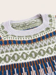 SHEIN LUNE 女士几何图案圆领长袖休闲宽松针织衫，秋冬针织套头衫 - 綠色 - 查看 3