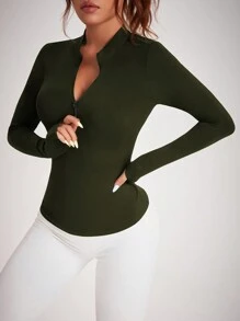 Women's Solid Color Zipper Half Placket Long Sleeve Breathable Yoga Sports Sweatshirt With Open Back - Army Green - View 6