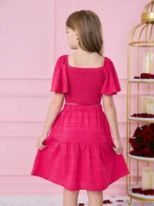 Tween Girls 可爱粉色情人节印花短袖上衣和松紧腰 A 字裙套装，夏季 - 玫紅色 - 查看 2