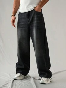 Manfinity Hypemode 男士宽松阔腿牛仔裤，深黑色 - 黑色 - 查看 6