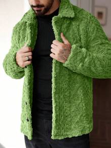 Manfinity Homme Men's Casual Solid Color Fuzzy Jacket For Autumn/Winter ,Men Flannel,Winter Men Jacket Green Men Jacket Men Solid Color Jacket - Green - View 4