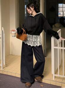 DAZY Sweat-shirt à capuche simple à manches longues avec patchwork en dentelle pour femmes, vêtement casual pour tous les jours, vêtements d'automne - Noir - Voir 4