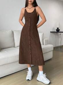 SHEIN EZwear 女式纯色系扣无袖收腰连衣裙（不含 T 恤） - 咖啡棕 - 查看 5