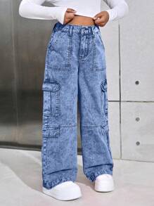 SHEIN Tween Girls Y2K Fashion Pink Stonewashed High Waist Flap Pocket Baggy Straight Leg Cargo Jeans - Medium Wash - View 3