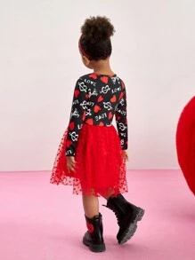 Young Girl Round Neck Long Sleeve Print Patchwork Minimalist Dress - Multicolor - View 2