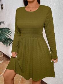 SHEIN VCAY Vestido de punto texturizado de manga larga, cuello redondo y unicolor, talla grande