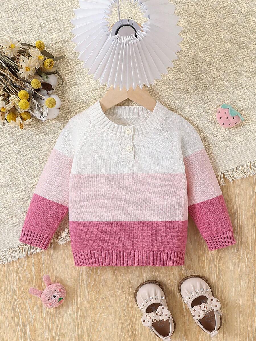 Baby Girl Front Button Long Sleeve Solid Color Patchwork Minimalist Top - Multicolor - View 1