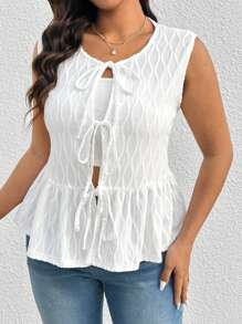 SHEIN Frenchy المرأة ذات الحجم الكبير ملابس علوية أساسي أبيض مع نسيج منسوج، تصميم أربطة فيونكة - أبيض - مشاهدة 5