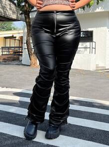 SHEIN EZwear Plus Size Women's Solid Color PU Leather Pleated Trousers