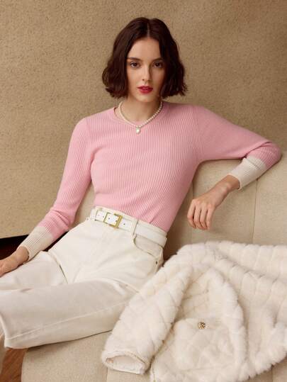 MOTF PREMIUM 100% 羊绒对比色袖口罗纹针织修身毛衣